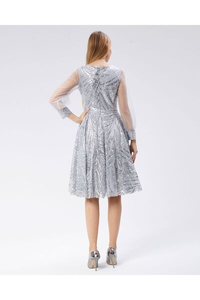 Asees Abiye Ve Mezuniyet Elbise Tül Kumaş Üzerine Pul Payet Ve Sim Baskılı Kadın Abiye Elbise