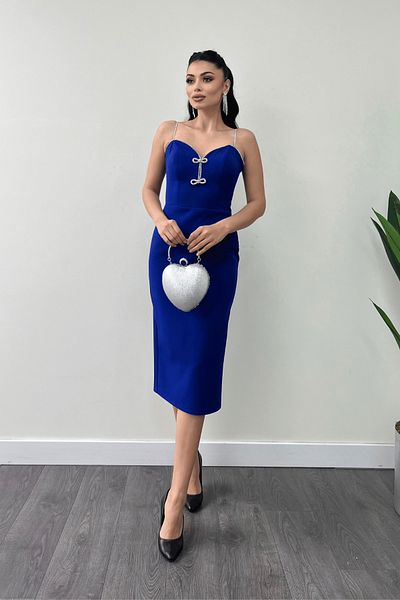 giyimmasalı Atlas Fabric Straps Sequin Detailed Pencil Dress - Saks Blue