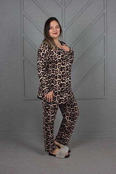 Truva XXL Leopard Print Plus Size Pyjama Set - Geknöpft