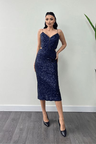 giyimmasalı Tulle Sequin Fabric Back Detail Pencil Dress - Dark Blue