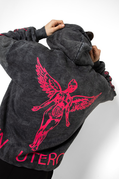 Sekizbiraltı Nirvana In Utero Рожевий принт Oversize Unisex Праний чорний худі