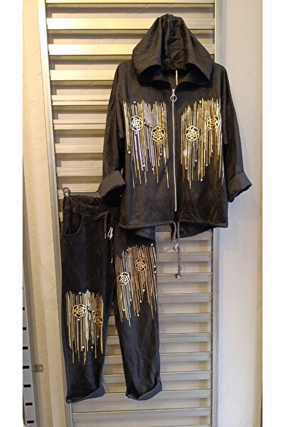 Park Moda Siyah Taşlı Gold Yaldız Detaylı Ceket Pantolon Takım