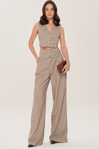 Eda Taşpınar Palazzo Vest and Striped Pants Set - Cut Out Detail, Teks-00059