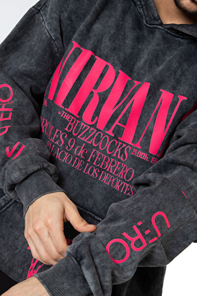 Sekizbiraltı Nirvana In Utero Рожевий принт Oversize Unisex Праний чорний худі