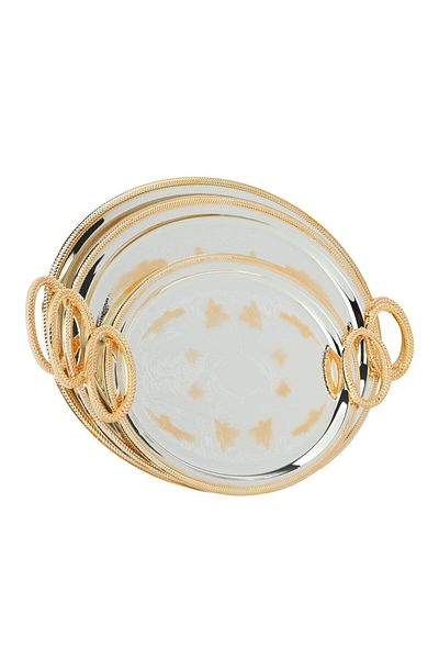 Alsaif Gallery Serving Tray Set Steel, Al Seif Gallery, Oval, Gold Engraving, Handle, 3 Pieces - Silver