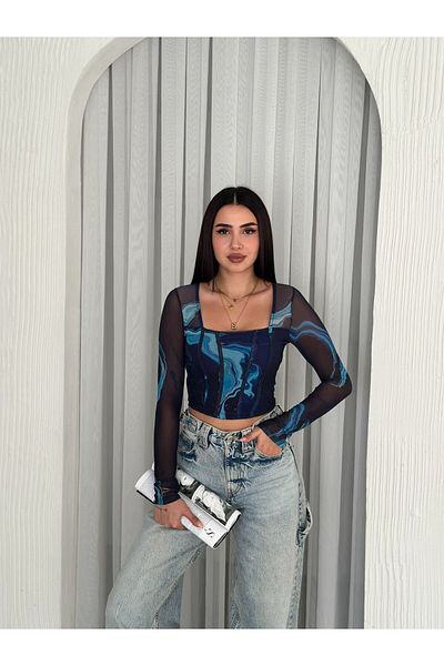 HAKKE Квадратна яка Тюл Crop BLUZ