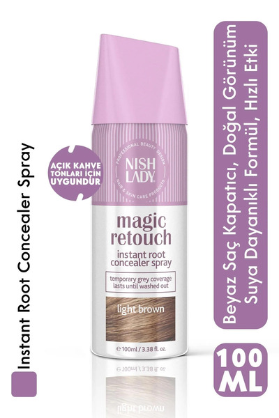 NISHLADY Hair Magic Retouch / Beyaz Saçlar Için Kapatıcı Saç Spreyi Ve Seyrek Kapatıcı Açık Kahve 100 ml