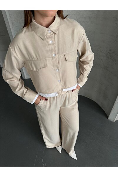 VOLT CLOTHİNG Women's Pocket Detailed Wide Leg Crop Shirt Set