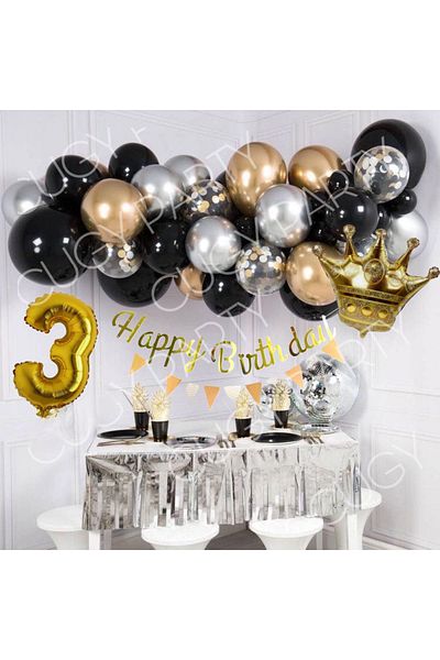 CUGY 3 Year Old King & Queen Crowned Mini Birthday Set with Age Options in Black Gold Silver Colors