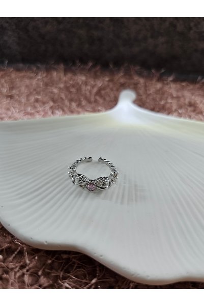 SiestaAccessories Zircon Stone Pink Heart and Flower Detailed Silver Color Adjustable Ring