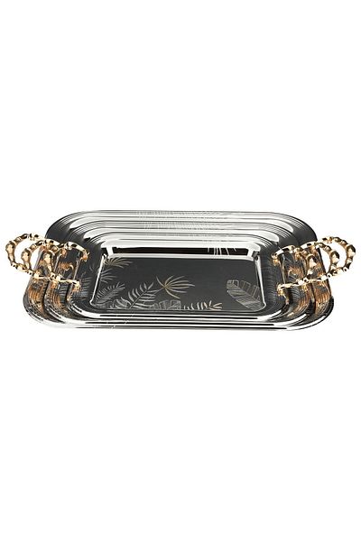 Alsaif Gallery Serving Tray Set Steel, Al Seif Gallery, 51×37×2.7 / 44×32×2.7 / 36×26×2.7 cm, Golden Handle