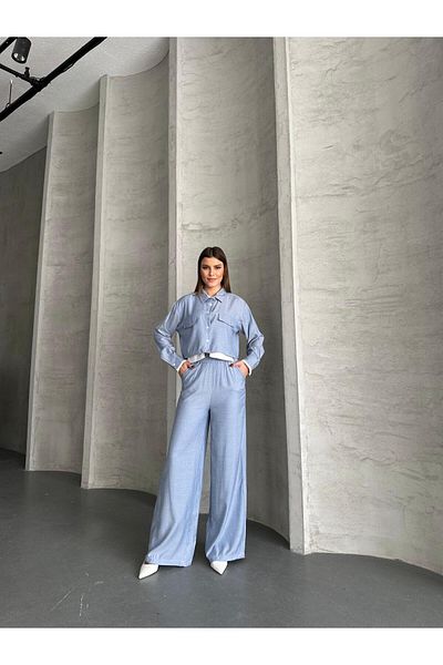 VOLT CLOTHİNG Women's Pocket Detailed Wide Leg Crop Shirt Set