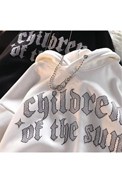Violon Siyah Children Of The Sun Parıltılı Taş Baskılı Oversize Unisex Sweatshirt