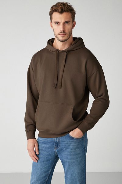 GRIMELANGE Steve Men's Soft Light Fabric Corded Oversize Hooded Kangaroo Pocket Brown Sweatshirt