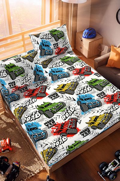 Lorien Truck Patterned Ranforce Fabric Single Fitted Sheet Set (1 Pcs Pillow Cover)