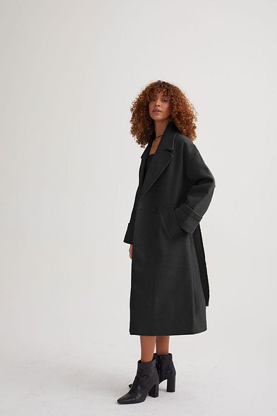 Perryes Smoked Color Oversize Long Coat - Layered Neckline and Button, Fold Sleeve Detail