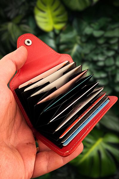 VANİLLA COLLECTİON Accordion Leather Card Holder - 10 Red Card Capacity Snap Closure