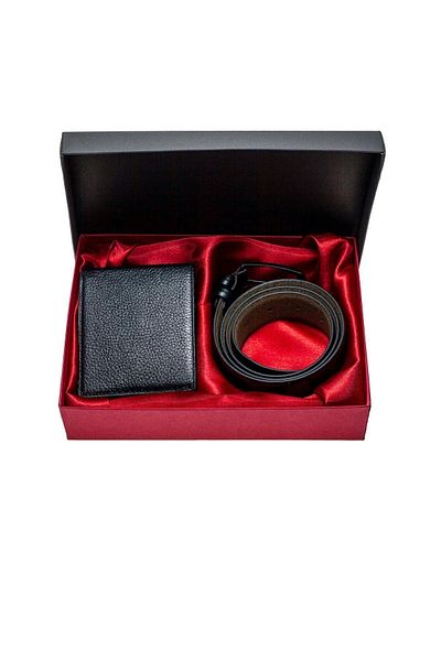 VANİLLA COLLECTİON Кожен портфейл Веган кожен колан Подаръчен комплект Специален комплект Кутия Черен