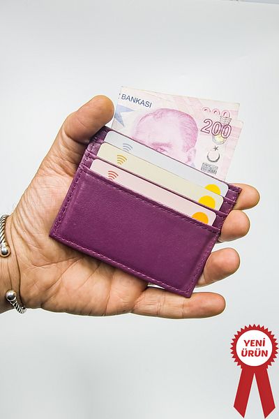 VANİLLA COLLECTİON محفظة حامل بطاقات صغيرة ورقيقة من الجلد للجنسين بلون البرقوق