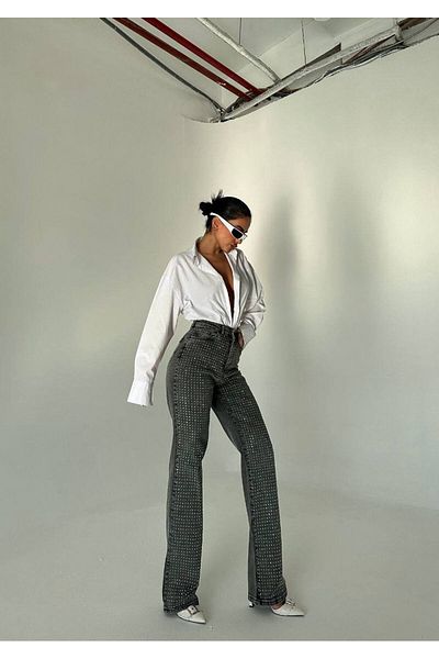 Diviny Rhinestone High Waist Palazzo Cut Jeans
