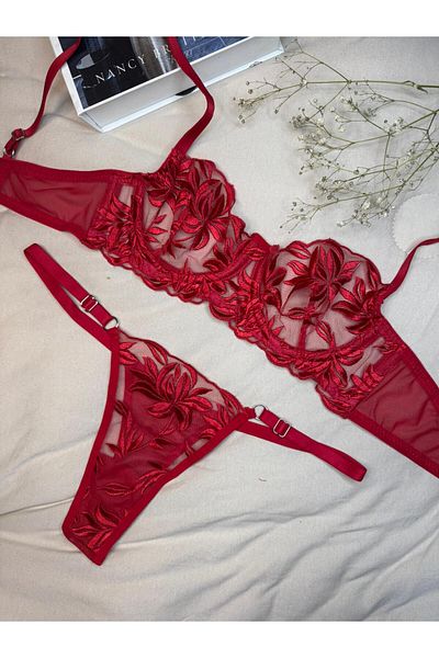 ROZENİN LINGERIE Red Floral Lace Transparent Cupless Tulle Bra Set (Bra Thong)