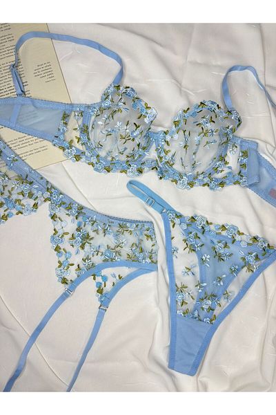 ROZENİN LINGERIE Set de 3 braletă din dantelă cu jartieră florală albastră