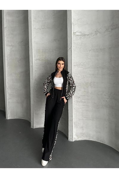 VOLT CLOTHİNG Women's Leopard Print Zipper Detailed Wide Leg Trousers Set