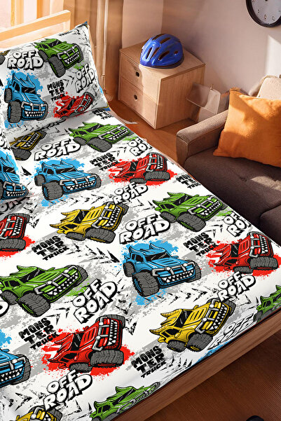 Lorien Truck Patterned Ranforce Fabric Single Fitted Sheet Set (1 Pcs Pillow Cover)