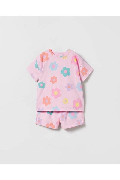 Bunika Baby Set tricou și pantaloni scurți cu imprimeu floral roz