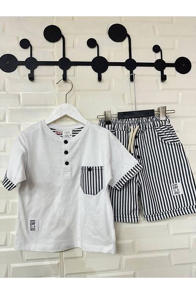 Bunika Baby White Navy Blue Striped Shorts and Tshirt Set