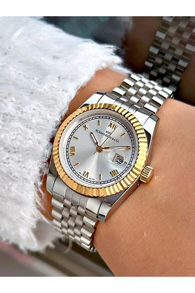 Romanson Silver-Gold Color Steel Band with Calendar Steel Case 5 Atm Waterproof Women's Wristwatch 1350B