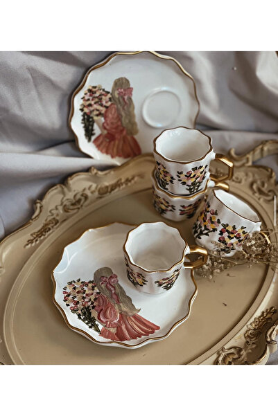 Store Turkish Coffee Cup - Special Design, Hand Painting, Girl and Flower Motif Gift