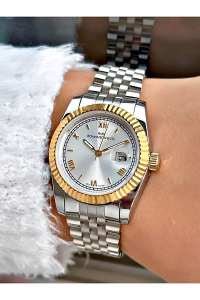 Romanson Silver-Gold Color Steel Band with Calendar Steel Case 5 Atm Waterproof Women's Wristwatch 1350B