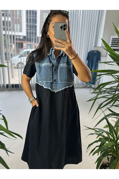 caddstore Rochie cu detalii din denim negru Dr