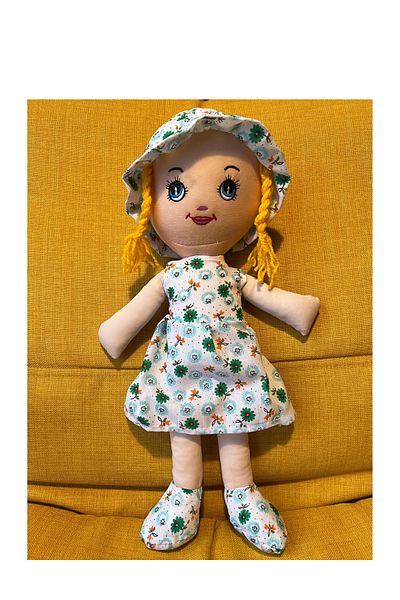 Nostalji Kutusu Yellow Haired Girl in Green Floral Dress Toy Doll Sleeping Companion 50 cm