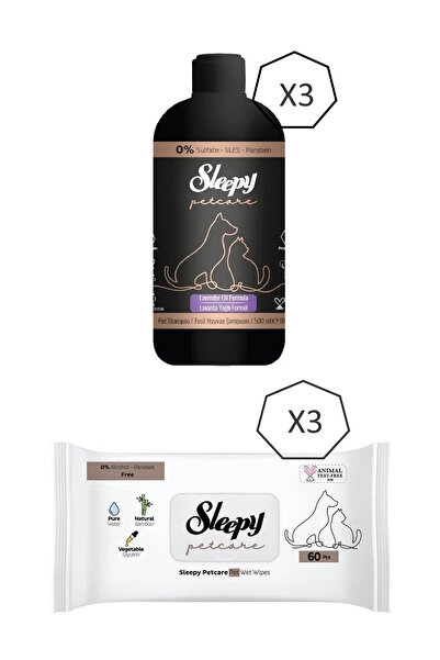 Sleepy Petcare Şampuan 500 ml 3 adet ve Petcare Islak Mendil 3 adet