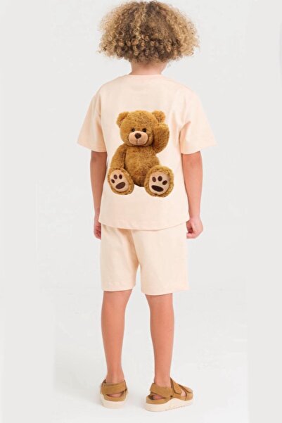 minibambi Boy's Cotton Teddy Bear Printed Crew Neck Bottom Set - Ecru