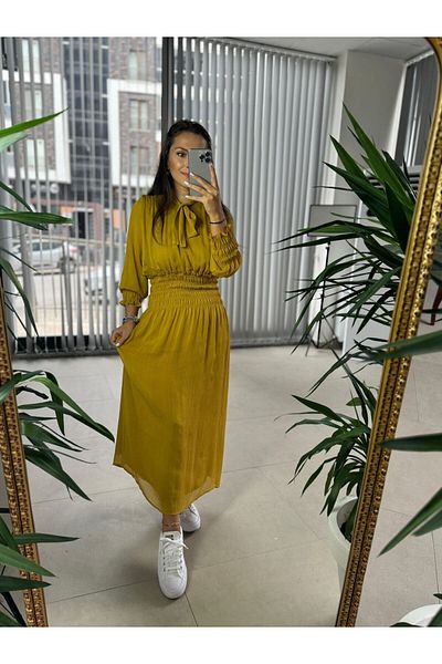 caddstore Rochie din șifon muștar cu cravată cu guler original