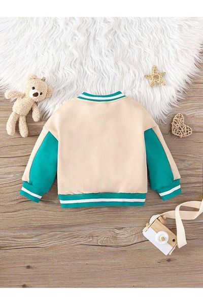 minibambi Unisex Letter Απλικέ Αντίθεση Γραμμή Λεπτομερής College Bomber Παιδικό Μπουφάν Κρέμα