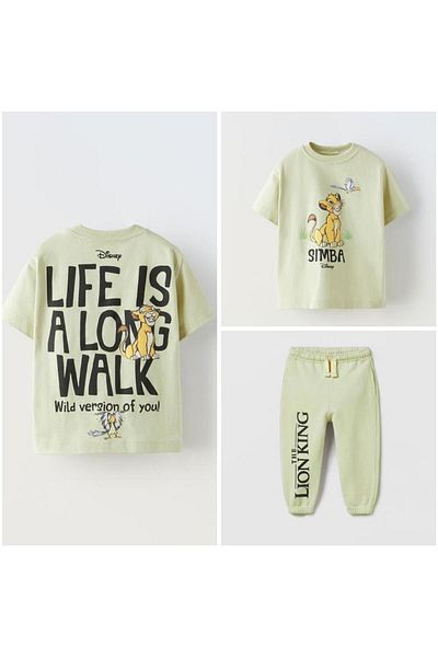 minibambi Green Lion Lion King Patterned Cotton Oversize T-shirt and Sweatpants Set - Unisex Kids