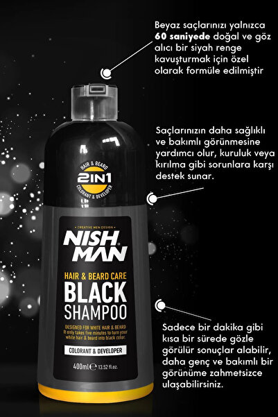 NISHMAN Beyaz Saçlar Için Siyah Saç Şampuanı – 60 Saniyede Siyah Saçlar 400 ml