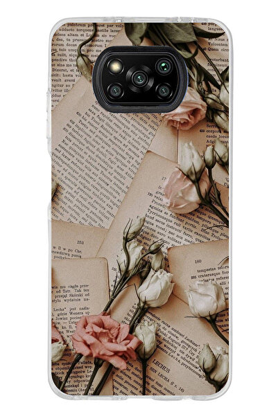 TechTree Poco X3 / NFC / PRO Uyumlu Retro Gazete Güller Tasarımlı Şeffaf Sili...