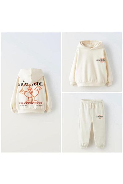 MİNAPARK GIRL'S FLOWER PRINTED HOODED BOTTOM TOP Tracksuit Set
