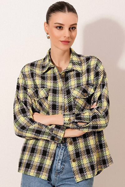 Ottawe Relaxed Fit Yakalı Uzun Kollu Metal Düğme Kapama Ekose Desen Oversize ...