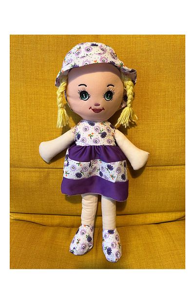 Nostalji Kutusu Purple Dressed Flower Blonde Haired Girl Toy Cloth Doll Sleeping Companion 50 cm Birthday Gift