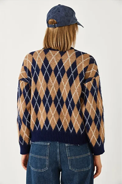 Ugdelia Diamond Patterned Feathered Rose Gold Women's Knitwear Sweater