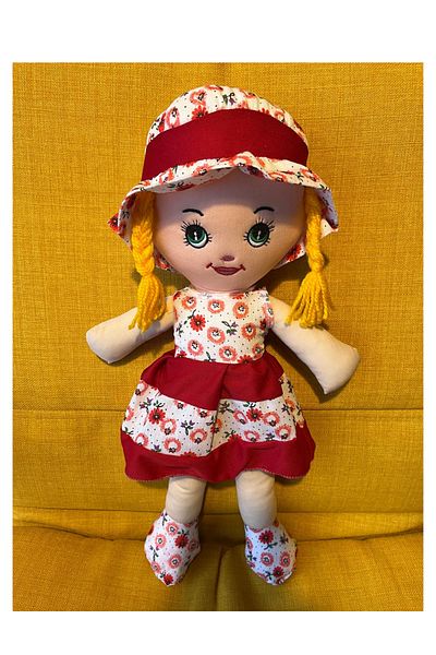 Nostalji Kutusu Girl in Red Dress with Flowers and Yellow Hair Toy Cloth Doll Sleeping Companion 50 cm Birthday Gift
