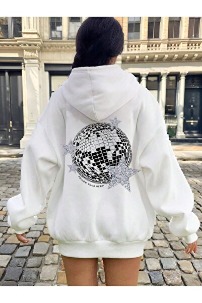 PALPİTO Kadın Beyaz Disco Star Baskılı Kapüşonlu Hoodie Sweatshirt