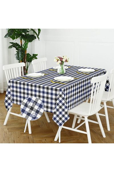 Evim Canvas Checkered Liquid Proof Stain Resistant Tablecloth Navy Blue