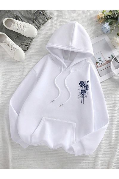 PALPİTO Hanorac cu glugă unisex, alb, cu imprimeu cu trandafiri